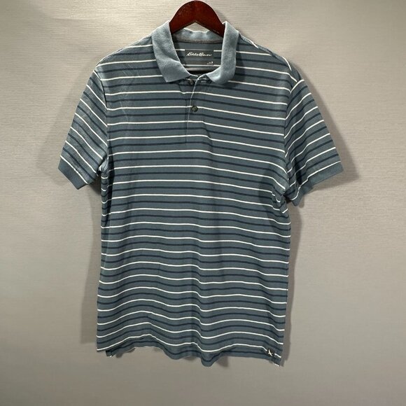 Eddie Bauer Polo Shirt Mens Medium Blue Stripe Cotton Short Sleeve Split Hem - Picture 1 of 8